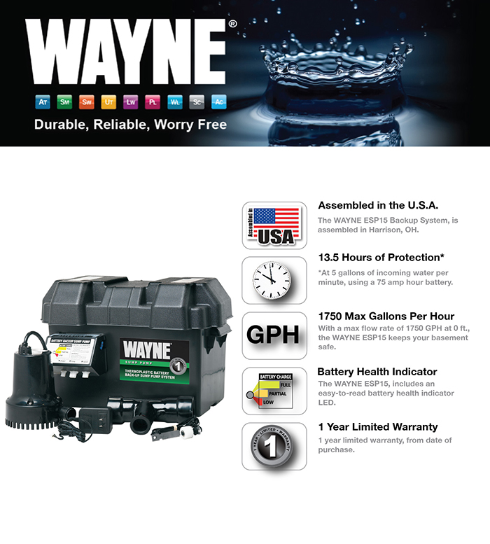 Wayne 1/4 HP 12Volt Battery Backup Sump Pump SystemESP15 The Home